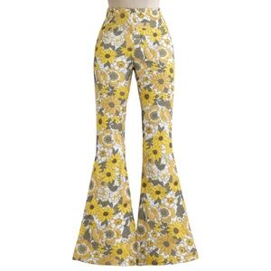 NWT HER PONY Retro Flower High Waist Flare Bell Bottom Buttercup Pants SIZE S